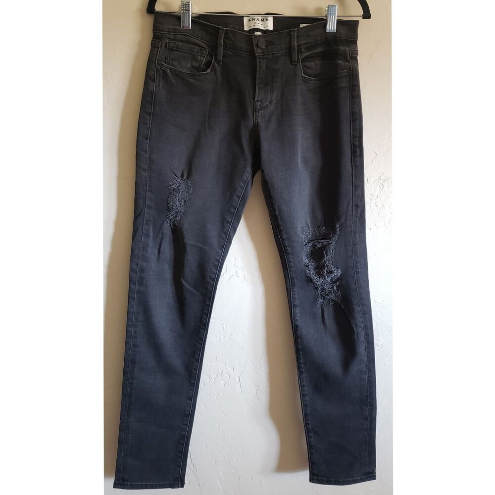 FRAME Le Garcon Jeans Straight Womens Boyfriend Destructed Faded Black Size 25
